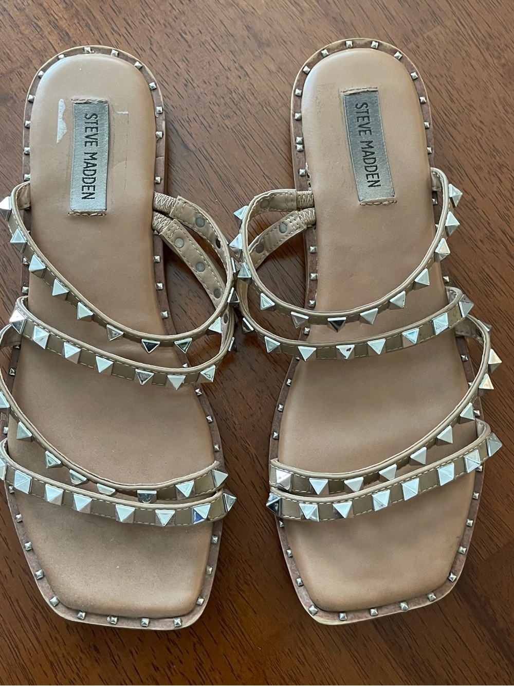 Steve Madden Tan Pyramid Stud Multi-Strap Slide Sandals